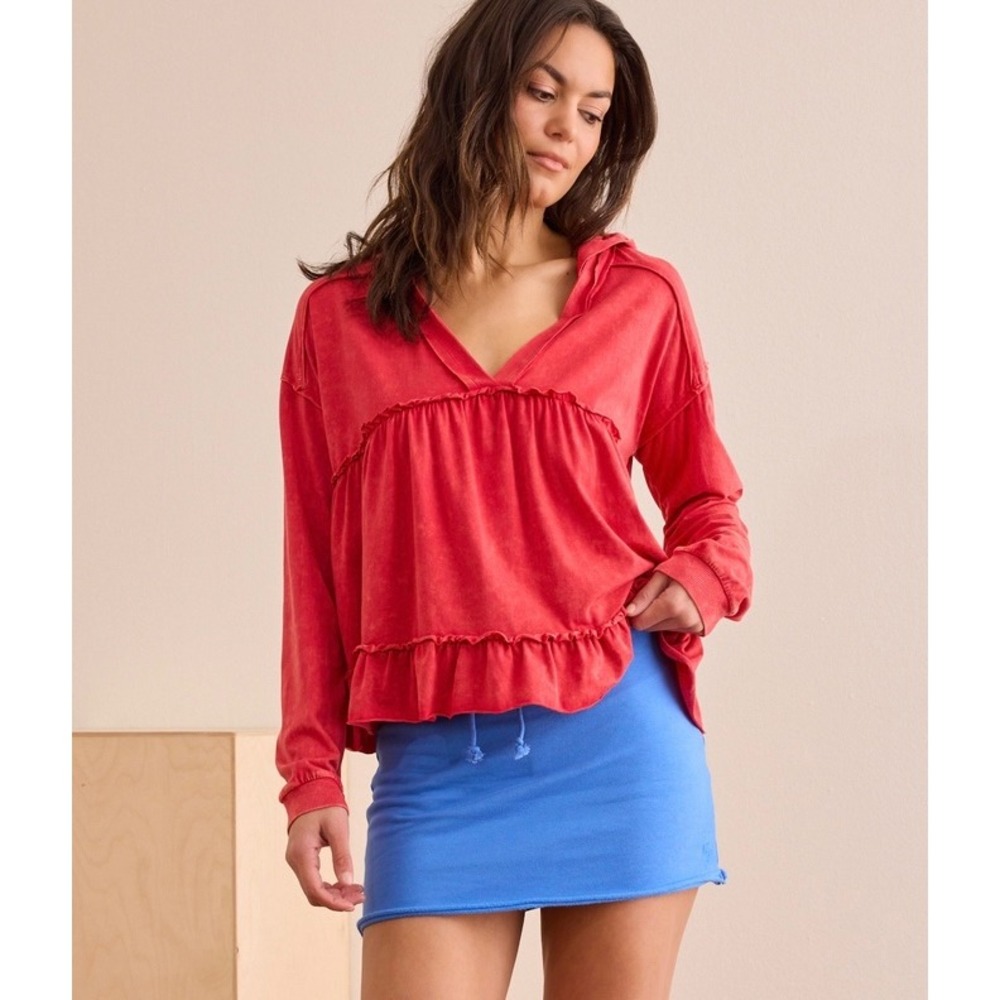 Altar'd State Mineral Wash Babydoll Hoodie Ruffle Tiered Pullover Size Small